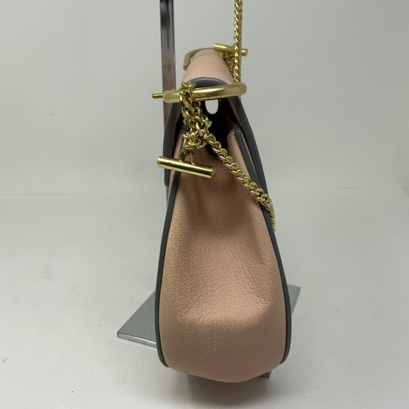 Chloe Drew Genuine Leather Foldover Crossbody Saddle Purse Bag Pink Cream Gold - Picture 4 of 8
